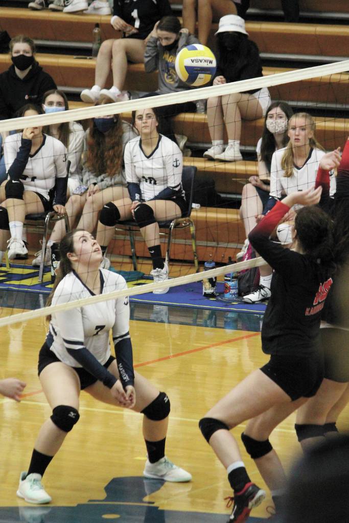 Homers Katlyn Vogl waits for a blocked hit to come back down during a Tuesday, Oct. 6, 2020 volleyball game against Kenai Central High School in the Alice Witte Gymnasium in Homer, Alaska. (Photo by Megan Pacer/Homer News)