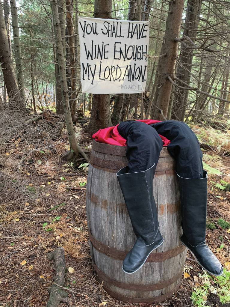 A prop from Haunted Shakespeare in a photo taken Oct. 12, 2020, at the Pratt Museum forest trail in Homer, Alaska. (Photo courtesy Pier One Theatre)