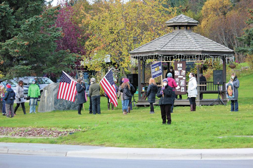 Participants gather at a rally to commemorate Ruth Bader Ginsburg on Saturday, Oct. 17, 2020 at WKFL Park in Homer, Alaska. (Photo by Megan Pacer/Homer News)