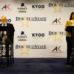 U.S. Rep. Don Young, left, and Alyse Galvin square off in a debate for the sole Alaska house seat Thursday, Oct. 22, 2020, in Anchorage, Alaska. The debate between the candidates for Alaskas sole seat in Congress became contentious Thursday, with challenger Galvin saying shes tired of Young misrepresenting her position on issues. (Jeff Chen / Pool Photo)