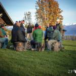 A group of veterans who participated in the 23rd Veteran trip to Homer, Alaska, sit around a campfire at the Kilcher Family Homestead on the last day of the trip on Friday, Oct. 16, 2020, near Homer, Alaska. (Photo courtesy of 23rd Veteran)