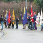 Participants in this year's Veterans Day celebration assemble at the Alaska Islands & Ocean Visitor Center on Wednesday, Nov. 11, 2020 in Homer, Alaska. (Photo by Megan Pacer/Homer News)
