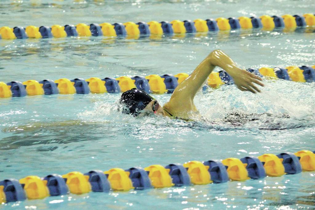 Homers Carly Nelson swims in the girls 200-yard freestyle during the Kenai Peninsula Swimming Championships on Saturday, Nov. 14, 2020 at the Kate Kuhns Aquatic Center in Homer, Alaska. (Photo by Megan Pacer/Homer News)