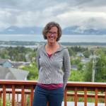 Woman of Distinction Kyra Wagner wears her award from South Peninsula Haven House in this photo taken July 25, 2020, in Homer, Alaska. (Photo courtesy South Peninsula Haven House)
