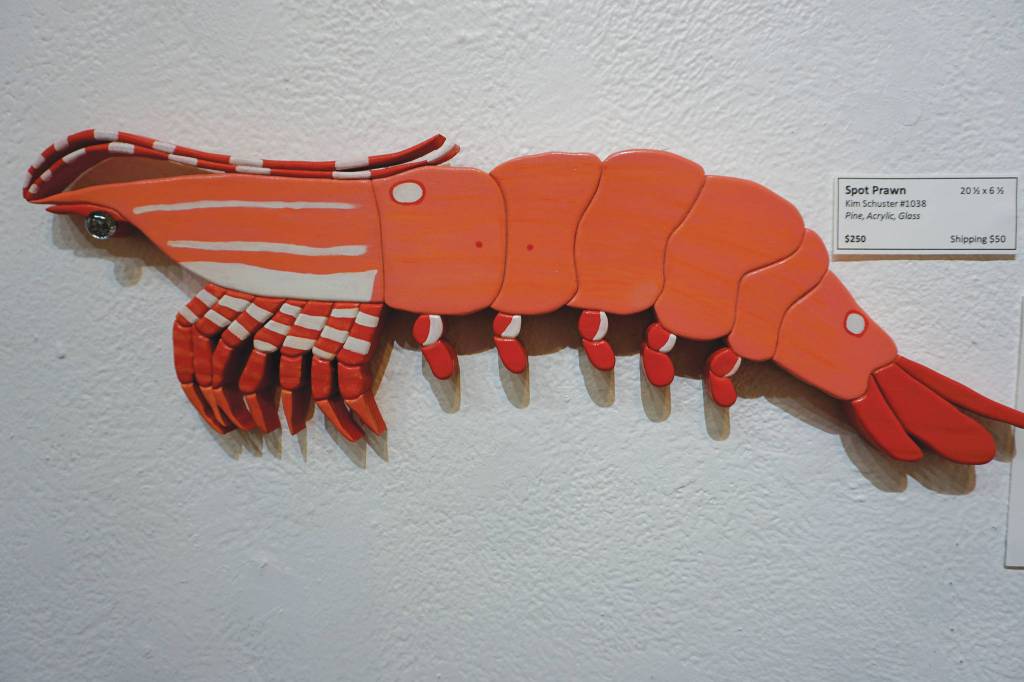 Spot Prawn is one of the pieces in Kim Schusters exhibit, Science Observed Through Art: Unsung Species, as seen here on Friday, Dec. 4, 2020, at Ptarmigan Arts in Homer, Alaska. (Photo by Michael Armstrong/Homer News)
