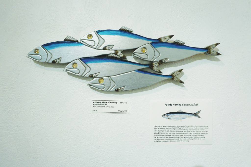 A Silvery School of Herring is one of the pieces in Kim Schusters exhibit, Science Observed Through Art: Unsung Species, as seen here on Friday, Dec. 4, 2020, at Ptarmigan Arts in Homer, Alaska. (Photo by Michael Armstrong/Homer News)