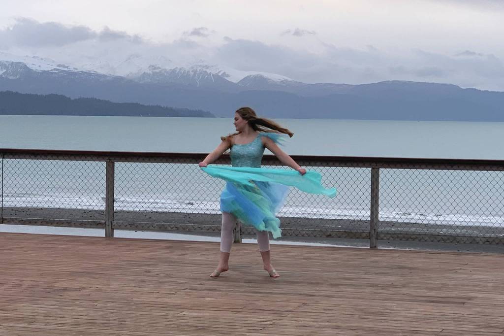 Aiyana Cline dances a scene on Nov. 11, 2020, for the Petite Nutcracker Ballet at the Kachemak Bay Oyster Co-op deck on the Homer Spit in Homer, Alaska. (Photo courtesy Homer Nutcracker Productions)