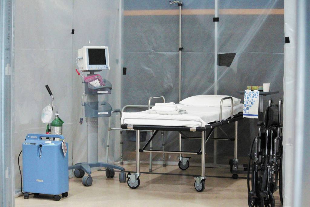 One of the bays set up in South Peninsula Hospitals alternate care site at Christian Community Church on Monday, April 6, 2020 shows what will be included in each room being built at the site in Homer, Alaska. (Photo by Megan Pacer/Homer News)