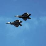 Two F-22s fly over Beluga Lake on Friday, May 15, 2020 as part of a statewide flyover event put on by the U.S. Air Force and Air National Guard. Four of the aircraft flew over Homer, Alaska and other parts of the state as a way to show support for health care workers and other COVID-19 front line workers. (Photo by Megan Pacer/Homer News)