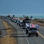 Participants in a vehicle parade to support President Donald Trump make their way off the Homer Spit on Sunday, Nov. 1, 2020 in Homer, Alaska. (Photo by Megan Pacer/Homer News)