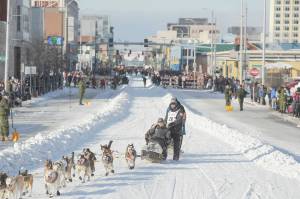 Defending champion Joar Lefseth Ulsom runs his team down Fourth Ave during the ceremonial start of the Iditarod Trail Sled Dog Race Saturday, March 2, 2019 in Anchorage, Alaska. (AP Photo/Michael Dinneen)