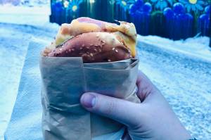 My favorite breakfast bagel sandwich from my favorite neighborhood coffee shack, on Jan. 5, 2020, in Anchorage, Alaska. (Photo by Victoria Petersen/Peninsula Clarion)