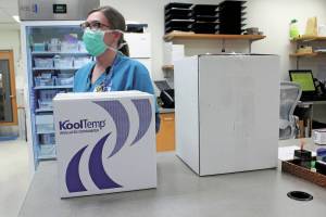 COVID-19 vaccines arrive at South Peninsula Hospital on Dec. 16, 2020 in Homer, Alaska. (Photo by Megan Pacer/Homer News)