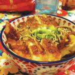 A chicken patty adds to a simple Japanese-cuisine-inspired noodle bowl, Jan. 15, 2021, in Anchorage, Alaska. (Photo by Victoria Petersen/Peninsula Clarion)