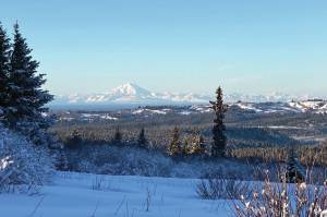 Mt. Redoubt can be seen across Cook Inlet from Diamond Ridge on the Marathon Ski Trail on Sunday, Jan. 24, 2021, near Homer, Alaska. About 4 feet of snow has fallen on Diamond Ridge and Kachemak Nordic Ski Club groomers have begun setting the trail from Lookout Mountain to Diamond Ridge Road. (Photo by Michael Armstrong/Homer News)