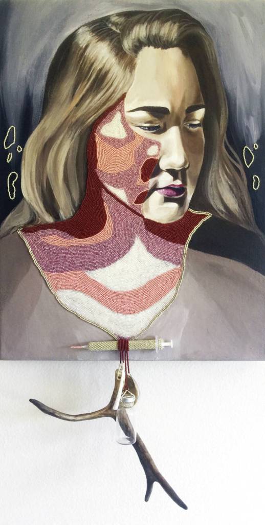 Melissa Shaginoffs painting, Kaggkaggos tsen zuul (Swan Wing Bone/Drinking Tube),  is one of the portraits in Familiar Faces, opening Friday, Feb. 5, 2021, at the Pratt Museum in Homer, Alaska. (Photo courtesy of the Pratt Museum)