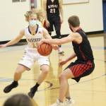 Homer's Parker Lowney guards Kenai's Maison Dunham during a Tuesday, Feb. 9, 2021 basketball game in the Alice Witte Gymnasium in Homer, Alaska. (Photo by Megan Pacer/Homer News)