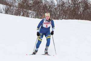 Homer's Zoe Stonorov skies the girls 5-kilometer classic race on Saturday, Feb. 13, 2021 at the Lookout Mountain Trails near Homer, Alaska. (Photo by Debbie Delker)