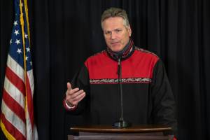 Gov. Mike Dunleavy speaks during an August news conference. On thursday, Dunleavy withdrew an executive order reorganizing the states largest department, the Department of Health and Social Services, after lawmakers sought to block it. (Courtesy Photo / Office of Gov. Mike Dunleavy)