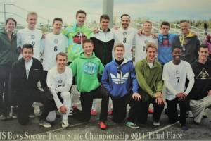 Longtime Homer boys soccer coach Warren Waldorf (top right) celebrates a third place win at the soccer state championship in 2014. (Photo by Kim Greer/courtesy Warren Waldorf)