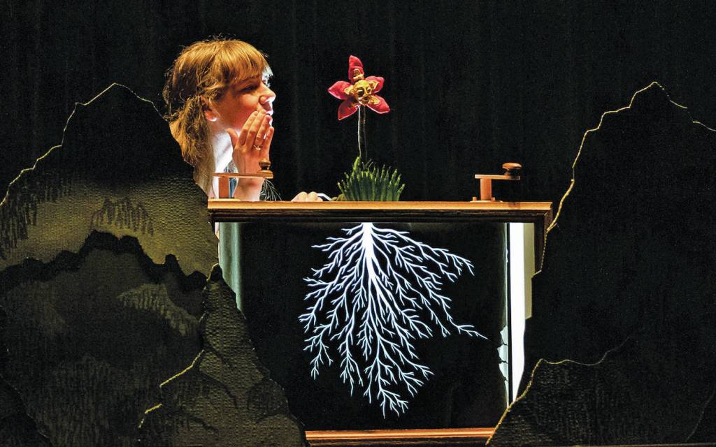 Bunnell Street Arts Center Artist in Residence Amy Schubert in one of her multi-media puppetry shows. (Photo courtesy of Bunnell Street Arts Center)