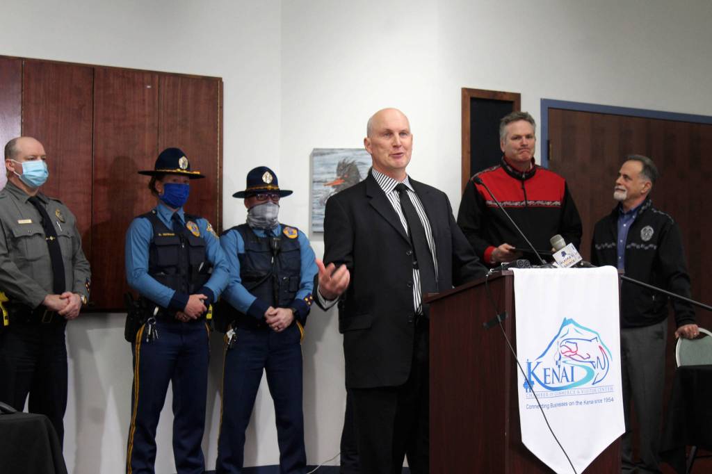 Jim Cockrell speaks at the Kenai Chamber of Commerce and Visitor Center on Tuesday, April 6, 2021, in Kenai, Alaska. (Ashlyn OHara/Peninsula Clarion)