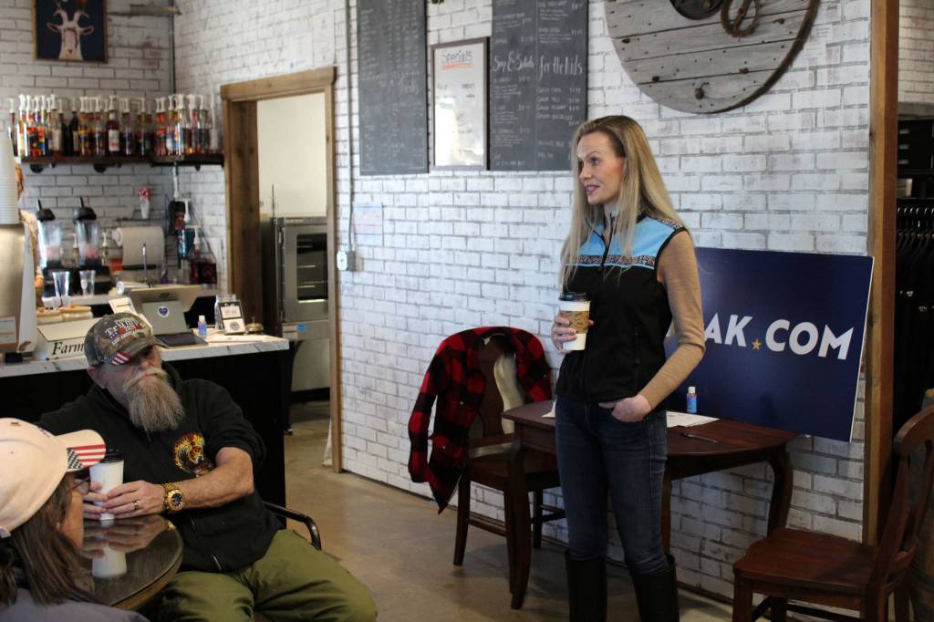 Kelly Tshibaka addresses members of the community at Nikiski Hardware & Supply on Friday, April 9, 2021 in Nikiski, Alaska. (Ashlyn OHara/Peninsula Clarion)