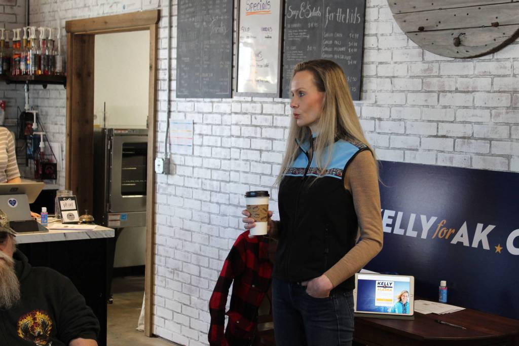 Kelly Tshibaka addresses members of the community at Nikiski Hardware & Supply on Friday, April 9, 2021 in Nikiski, Alaska. (Ashlyn OHara/Peninsula Clarion)
