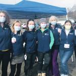 The South Peninsula Hospital vaccine team pose for a photo during a pop-up clinic for Homer Community Food Pantry volunteers and clients on Monday, April 12, 2021, at Homer United Methodist Church in Homer, Alaska. From left to right are Rosanna Hunting, Annie Garay, RN; Anna Lewald, MPH, RN;  Dr. Christy Tuomi, Bonita Banks, BSN, RN;  Shari Daugherty and volunteer Mary Hayden. (Photo courtesy of South Peninsula Hospital)
