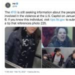 A screenshot from the FBIs Twitter page showing a photo the FBI said was taken on Jan. 6, 2021, inside the U.S. Capitol. Marilyn Hueper said FBI agents showed her some of these images and claimed it was her. (Screenshot)