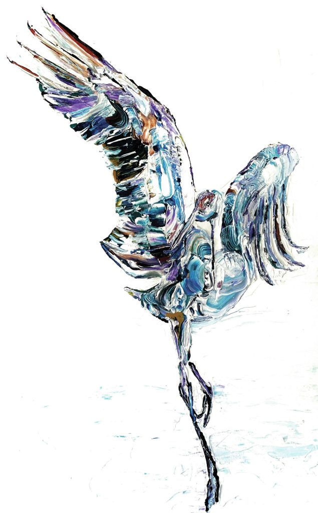 E.M. Remmes sandhill crane paintings go on display starting Friday, May 7, 2021, at Grace Ridge Brewery in Homer, Alaska. (Photo courtesy of Grace Ridge Brewery)