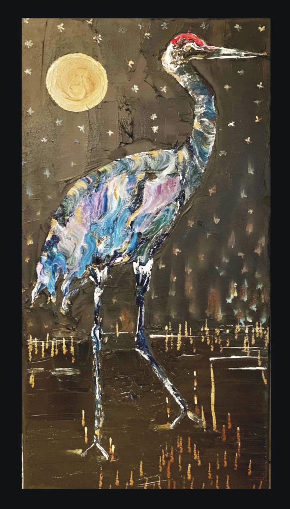 E.M. Remmes sandhill crane paintings go on display starting Friday, May 7, 2021, at Grace Ridge Brewery in Homer, Alaska. (Photo courtesy of Grace Ridge Brewery)