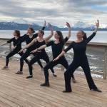 Members of the Motivity Dance Collective rehearse at the Kachemak Shellfish Growers Association deck in Homer, Alaska. From left to right, Emily Rogers, Emilie Springer, Bridget Doran, Rhoslyn Anderson, Breezy Berryman. Not pictured is Kammi Matson. (Photo by Kammi Matson)