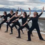 Members of the Motivity Dance Collective rehearse at the Kachemak Shellfish Growers Association deck in Homer, Alaska. From left to right, Emily Rogers, Emilie Springer, Bridget Doran, Rhoslyn Anderson, Breezy Berryman. Not pictured is Kammi Matson. (Photo by Kammi Matson)
