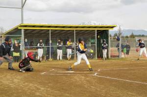 Mariners Haylee Owen up to bat against the Kenai Kardinals during the home softball game May 4, 2021, at Jack Gist Park. (Photo by Sarah Knapp/Homer News)