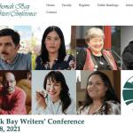 This screenshot from the Kachemak Bay Writers' Conference website shows the faculty who will be attending the conference, held virtually May 15-18. From left to right, top row, are Francisco Cantu, Victoria Chang, Ernestine Hayes, and Brandon Hobson. From left to right, bottom row, are Anis Mojgani, Marie Mutsuki Mockett and Vera Starbard.