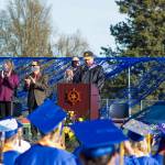 Homer High School Principal Douglas Waclawski congratulates the graduating class of 2021 on their accomplishements during commencement May 18. (Photo by Sarah Knapp/Homer News)