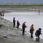 Anglers fish for king salmon on Saturday, May 29, 2021, at the Nick Dudiak Fishing Lagoon in Homer, Alaska. (Photo by Michael Armstrong/Homer News)