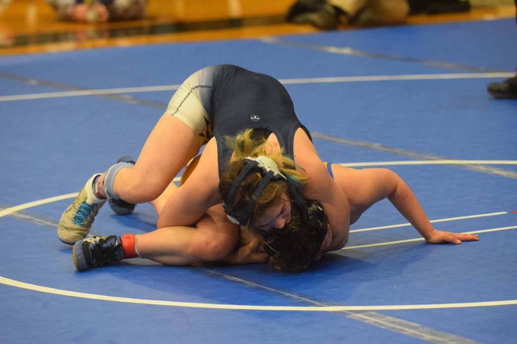 Soldotna High School sophomore Trinity Donovan wrestles in the state championship in Chugiak, Alaska on Saturday, May 22, 2021. (Camille Botello / Peninsula Clarion)