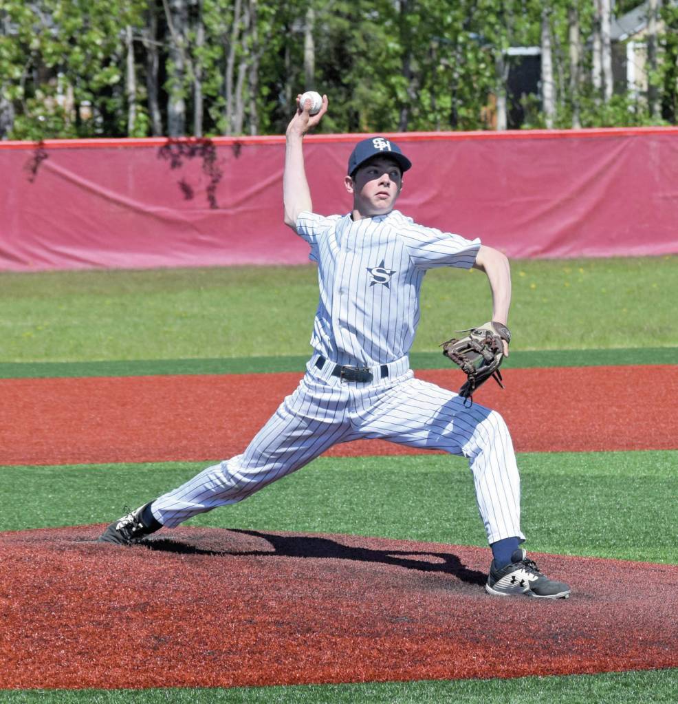 Soldotna's Derrick Jones sends a pitch at the Division II state baseball tournament in Wasilla, Alaska, on Saturday, June 5, 2021. (Camille Botello / Peninsula Clarion)
