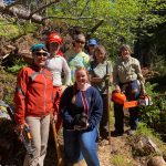Homer News reporter Sarah Knapp (kneeling) is pictured with the Friends of Kachemak Bay State Park volunteer group who cleared South Eldred Trail during National Trails Day on June 5. The group was able to clear half a mile of the trail. Pictured left to right are Kristine Moerlein, Amy Holman, Kathy Sarns, Lyn Maslow, Ruth Dickerson and Kris Holderied. (Photo by Michael Singer)