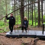 Jessica Williams, left, as Patsy Cline, and Maggie Quarton, right, as Louise Seger rehearse for the upcoming Pier One Theatre production of Always, Patsy Cline in the Pratt Museum & Park. (Photo courtesy of Pier One Theatre_