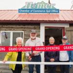 The Homer Chamber of Commerce and Visitor Center hosted a grand opening and ribbon-cutting ceremony for the new Homer Spit Visitor Information Center July 1. The office, located near Ramp 4 on the Homer Spit, will be open Thursdays through Sundays, July 1-Sept. 5 to offer information about Homer to visitors. (Photo by Sarah Knapp/Homer News)