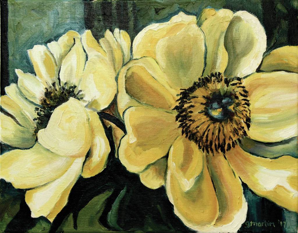 A painting from Gerri Martin's exhibit, "Peonies: Alaska’s Floral Gems,” that opened Friday, July 2, 2021, at Fireweed Gallery in Homer, Alaska. (Photo provided)