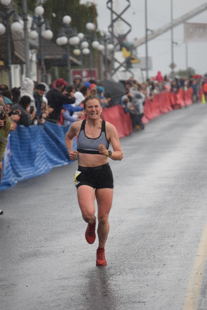 Hannah Lafleur, 32, of Seward defends her title in the womens Mount Marathon Race in Seward, Alaska, on Wednesday, July 7, 2021. (Photo by Jeff Helminiak/Peninsula Clarion)