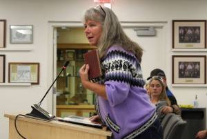 Ashlyn OHara / Peninsula Clarion
April Orth testifies before the Kenai Peninsula Borough School District Board of Education on Monday in Soldotna.