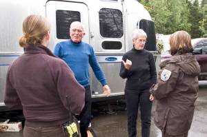 Volunteer campground hosts meet with Refuge Rangers at Hidden Lake Campground. (Photo by Berkley Bedell/USFWS)