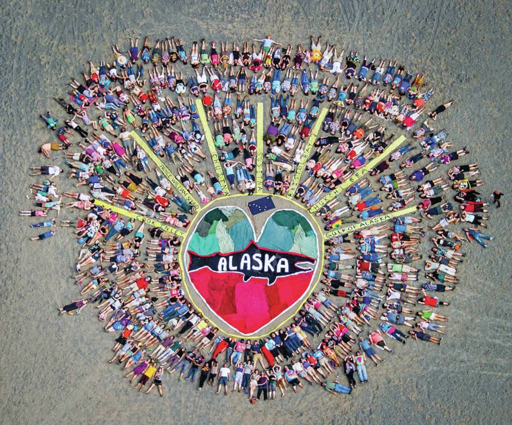 Photo G. Brad Lewis and courtesy of Mavis Muller 
AerialHeart, an art action organized by Mavis Muller, was held on Aug 3, 2015, in the rodeo arena at Kenai Peninsula Fairgrounds for Salmonfest in Ninilchik, Alaska.