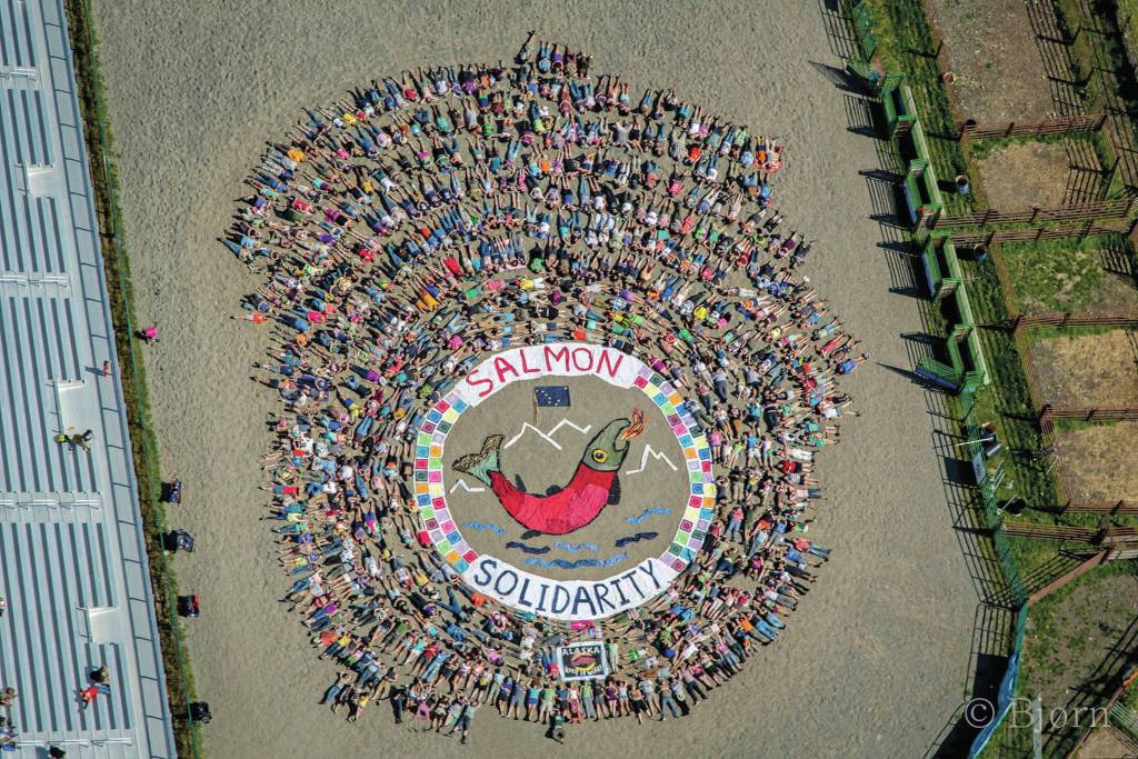 Photo by Bjorn Olson and courtesy of Mavis Muller 
SalmonSolidarity, an aerial art action organized by Mavis Muller, was held Aug. 2, 2014, in the Rodeo arena of the Kenai Peninsula Fairgrounds at Salmonfest in Ninilchik, Alaska.