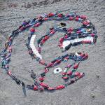 Photo Scott Dickerson and courtesy of Mavis Muller 
ShapingFuture, Mavis Mullers first human mosaic ground design action, was held on Sept. 26, 2009, on International Climate Change Action Day at Bishops Beach in Homer, Alaska.